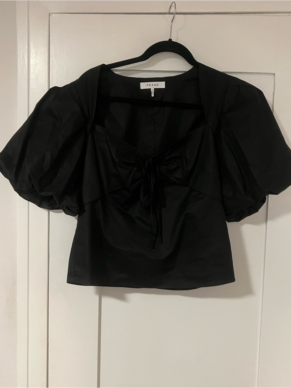 Frame Denim Black Puff-Sleeve Tie-Front Blouse